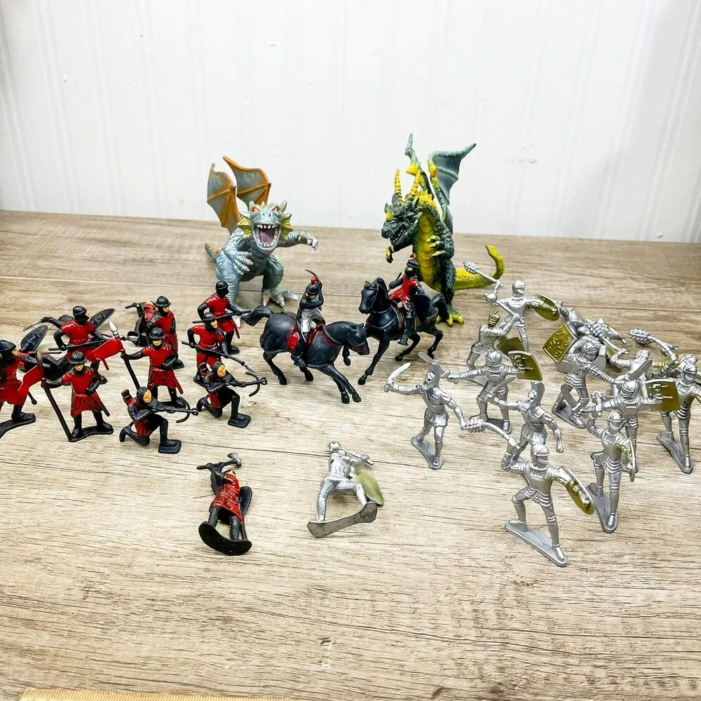 Vintage Plastic Medieval Knights and Dragons Toy Figures Lot Red Silver